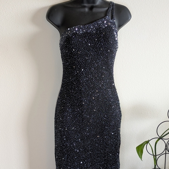 90s Vintage Black Asymmetrical Heavily Beaded Silk Gown by Scala - Picture 2 of 7